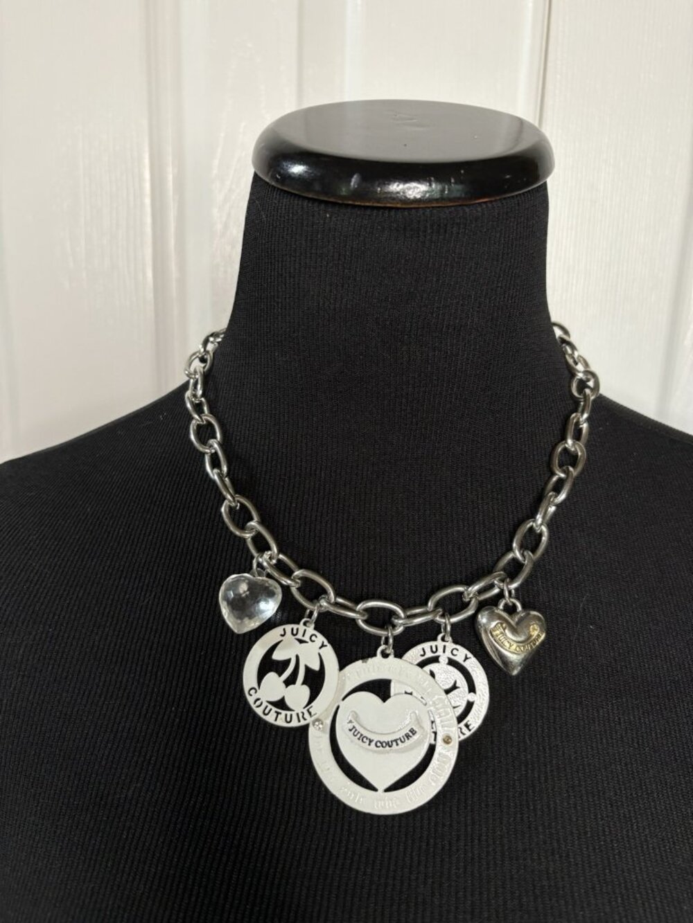 Juicy Couture White Logo Silver Tone Charm Necklace Toggle Chain Y2K Cherry